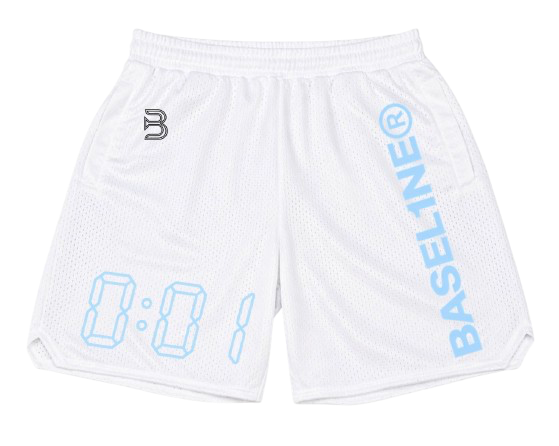 0:01 Mesh Shorts in White/Blue