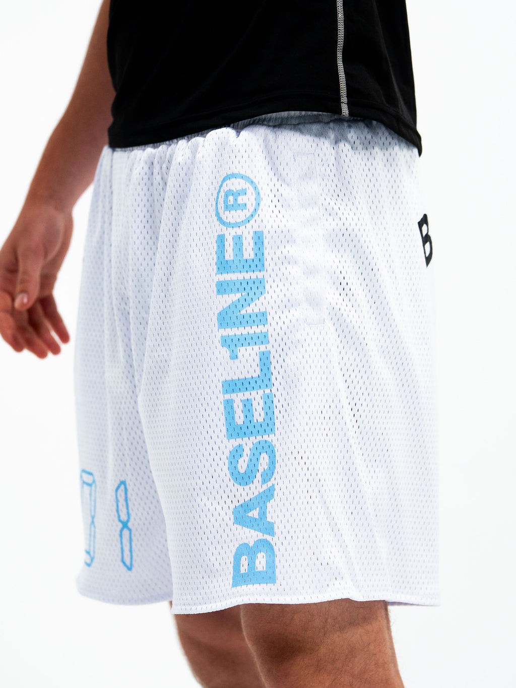 0:01 Mesh Shorts in White/Blue