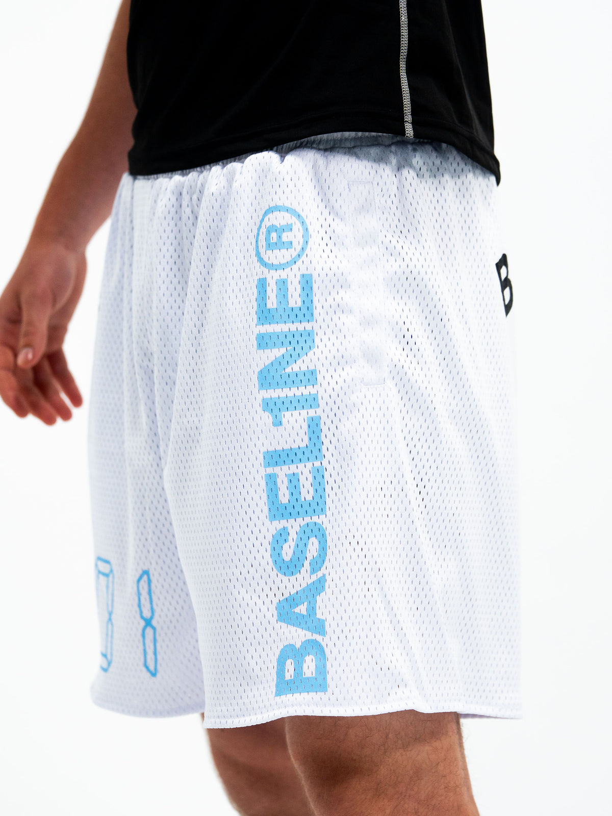 0:01 Mesh Shorts in White/Blue