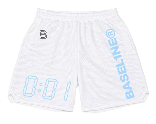 0:01 Mesh Shorts in White/Blue